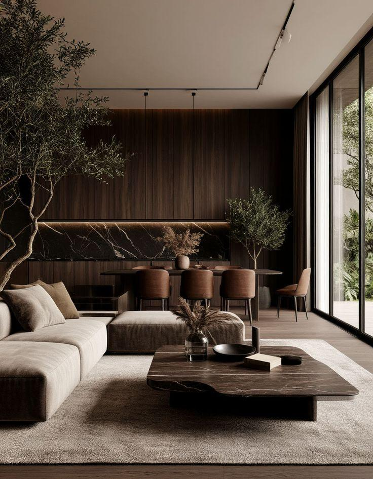Warm modern living room with walnut wood walls, cream sofa, marble table and daylight through floor-to-ceiling windows