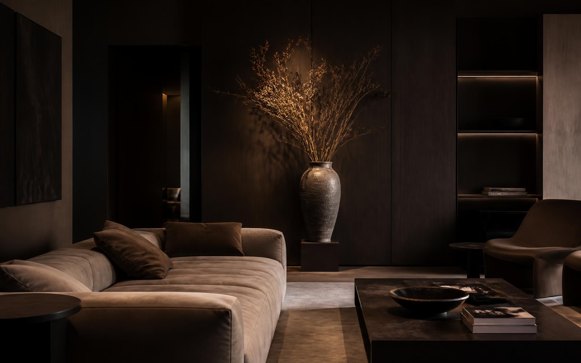 Warm, dimly lit minimal interior of a modern home