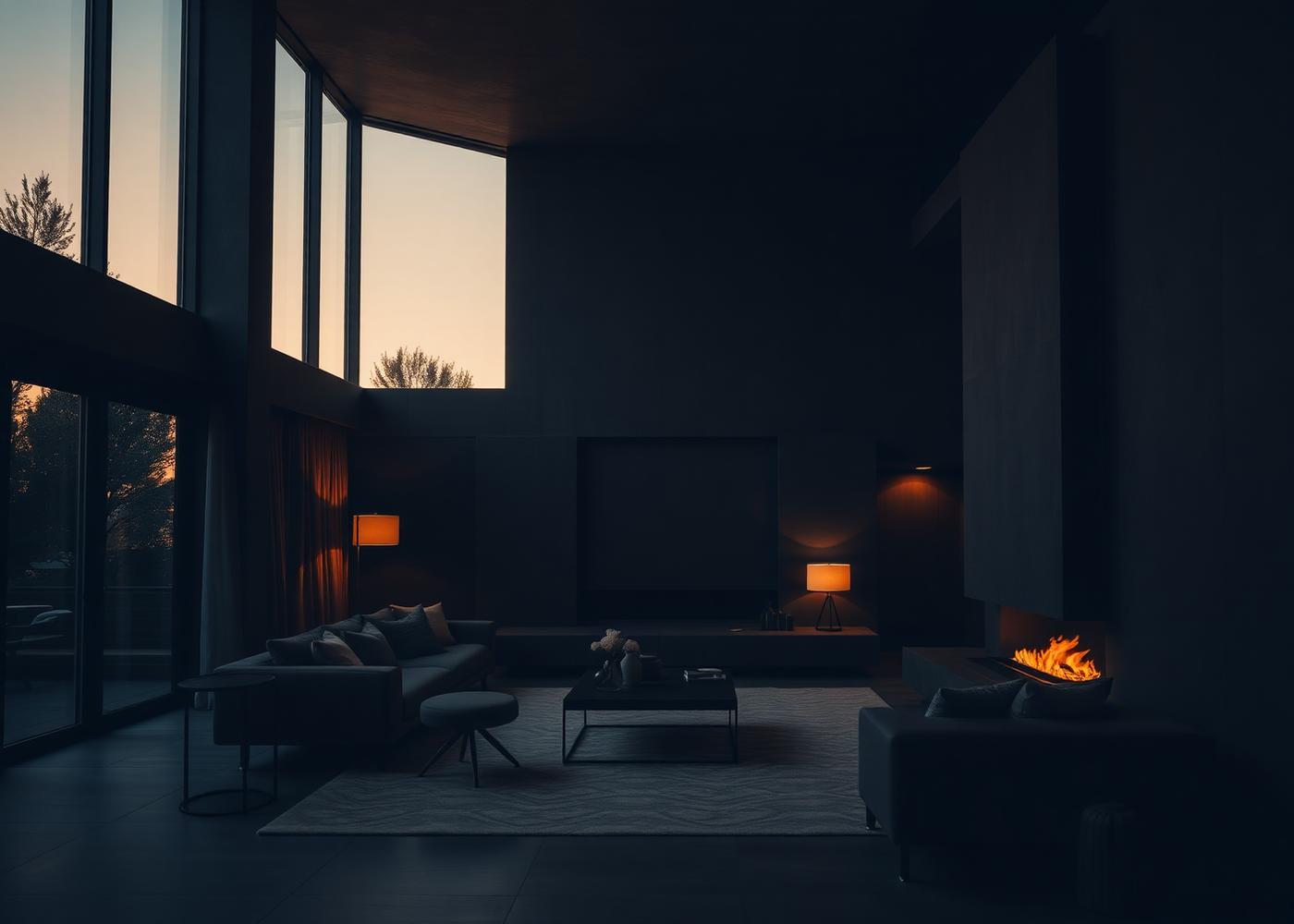 Dark, warmly lit modern living space at dusk